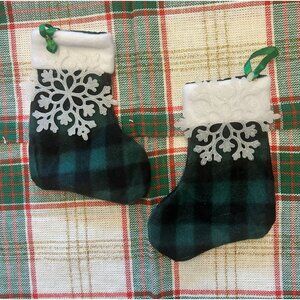 Mini Fleece Green Plaid Christmas Stockings Glittered Snowflake Ornament Gift Ca